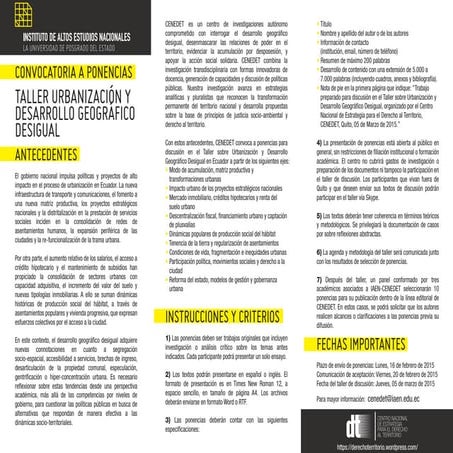 Convocatoria a ponencias para el: Taller sobre Urbanización y Desarrollo Geográfico Desigual - Quito el 05 de marzo.