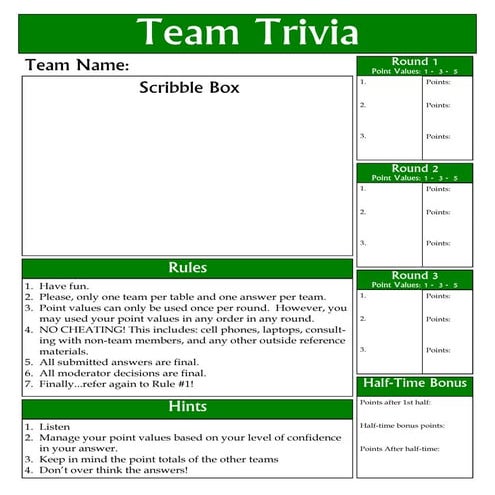 Trivia Scoresheet