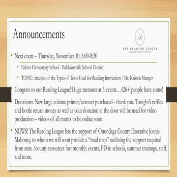 September 8 2016 Reading League Presentation