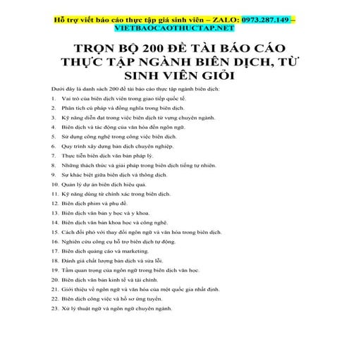 Trọn Bộ 200 Đề Tài Báo Cáo Thực Tập Ngành Biên Dịch, Từ Sinh Viên Giỏi