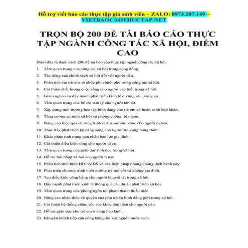 Trọn Bộ 200 Đề Tài Báo Cáo Thực Tập Ngành Công Tác Xã Hội, Điểm Cao