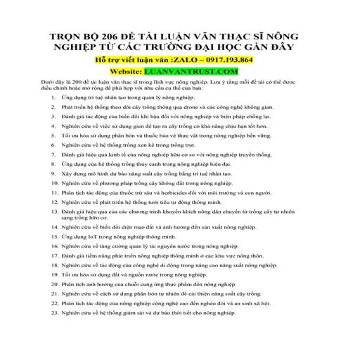 Trọn Bộ 206 Đề Tài Luận Văn Thạc Sĩ Nông Nghiệp Từ Các Trường Đại Học Gần Đây