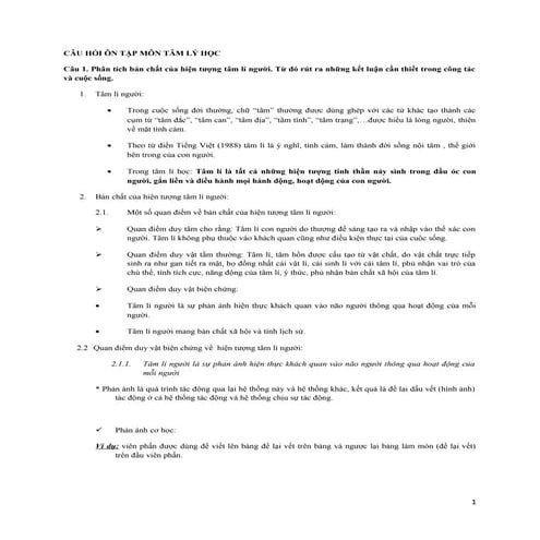 Câu hỏi ôn tập Tâm lý học 1