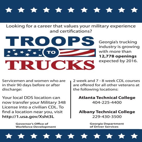 Troops to Trucks...Interested in getting your FREE Commercial Driver’s License?