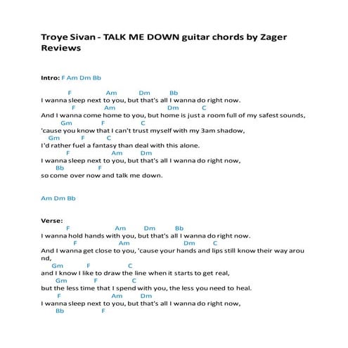 Troye Sivan - TALK ME DOWN Guitar Chords by Zager Reviews