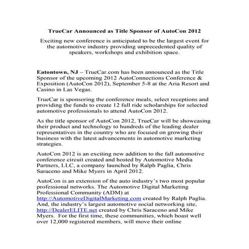 True car announced as title sponsor of autocon 2012