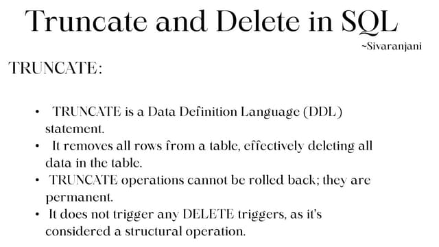 Difference between Truncate and Delete in SQL | PPT