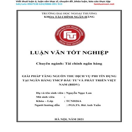 GIẢI PHÁP TĂNG NGUỒN THU DỊCH VỤ PHI TÍN DỤNG TẠI NGÂN HÀNG TMCP ĐẦU TƯ VÀ PH...