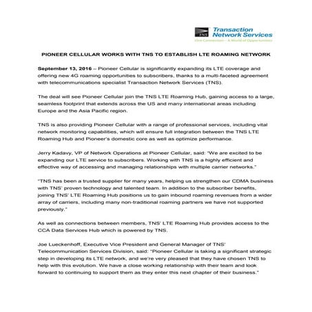 Pioneer Cellular TNS Press Release September 2016