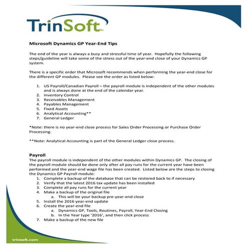 Microsoft Dynamics GP Year-End Close Process Tips