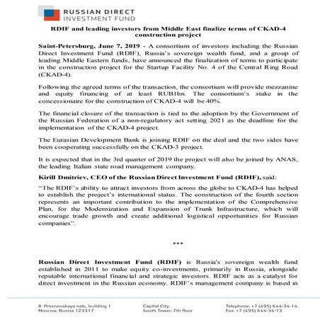 RDIF and leading investors from Middle East finalize terms of СKAD-4 construction project