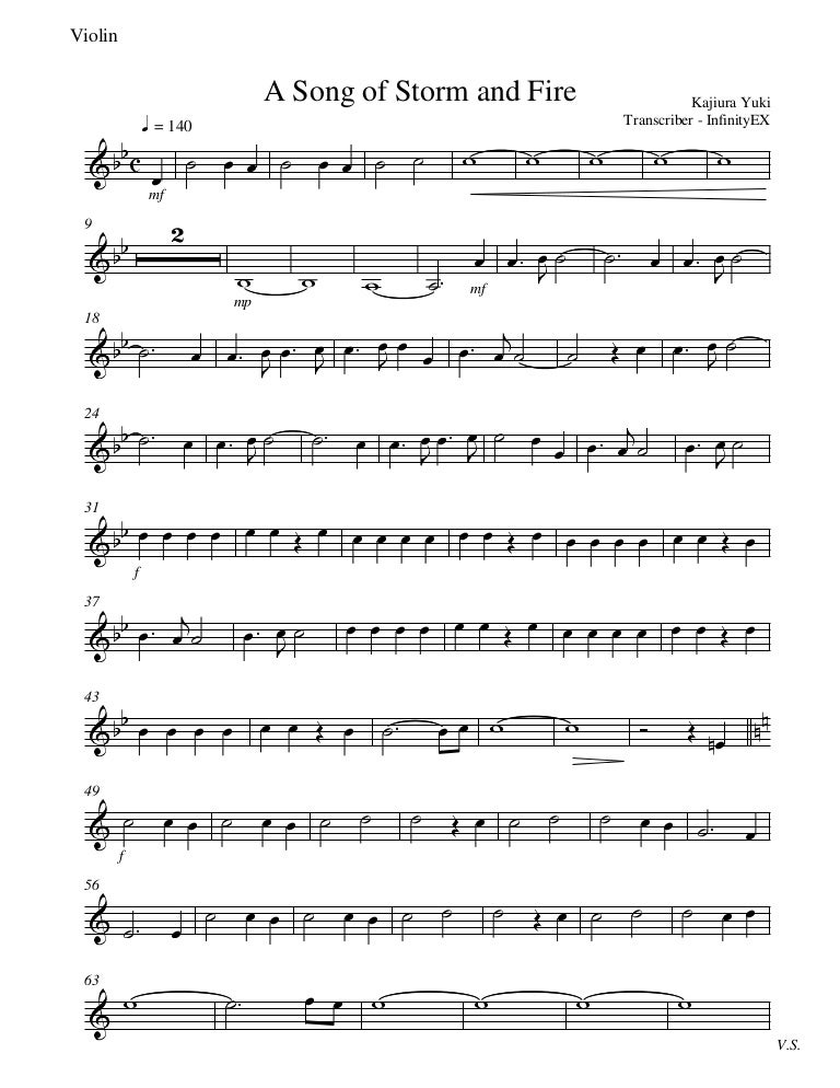 Sheet Music Tsubasa Chronicle A Song Of Storm And Fire Violin