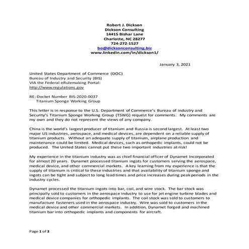 Letter of comment to DOC Titanium Sponge Working Group | DOCX