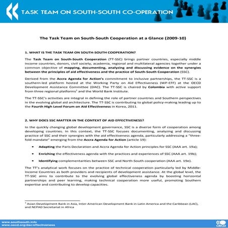 The Task Team on South-South Cooperation  at a glance - nov 2009
