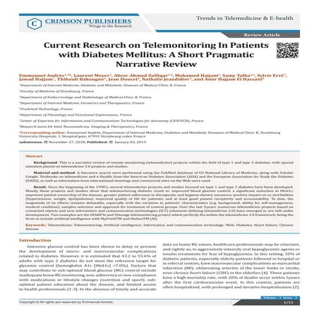 Current Research on Telemonitoring In Patients with Diabetes Mellitus: A Shor...