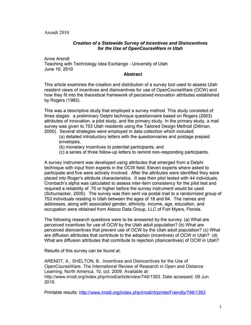 Creation of a Statewide Survey of Incentives and Disincentives