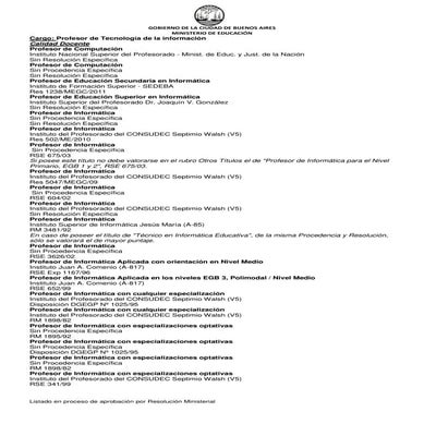 NES-CABA: Títulos que habilitan para profesor de Tecnologías de la Información (Res.829/MEGC/16 - Anexo XXIII)