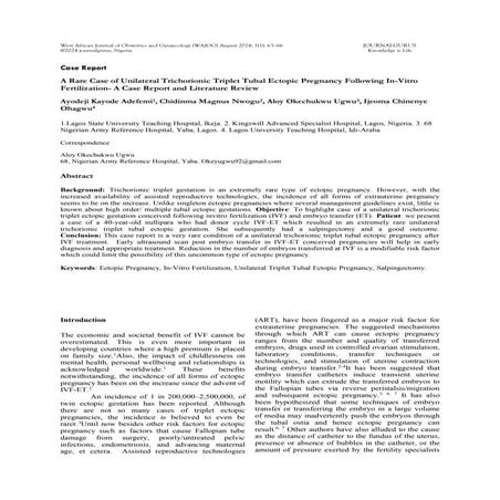 A Rare Case of Unilateral TrichorionicTriplet Tubal Ectopic Pregnancy Following In-Vitro Fertilization-A Case Report and Literature Review