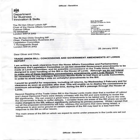 Leaked BIS letter on Trade Union Bill concessions | PDF