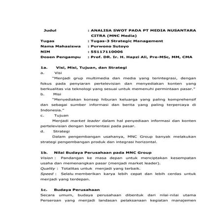 SM, Purwono Sutoyo, Hapzi Ali, Tugas-3 UAS Analisa SWOT pada MNC Media, Unive...
