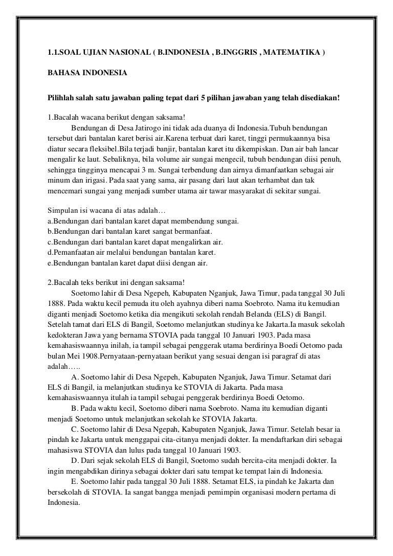 Soal Ujian Nasional B Indonesia B Inggris Matematika