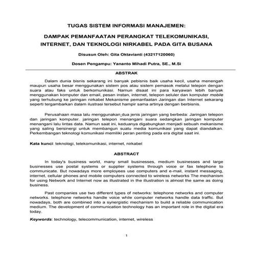 TUGAS SISTEM INFORMASI MANAJEMEN:  DAMPAK PEMANFAATAN PERANGKAT TELEKOMUNIKAS...