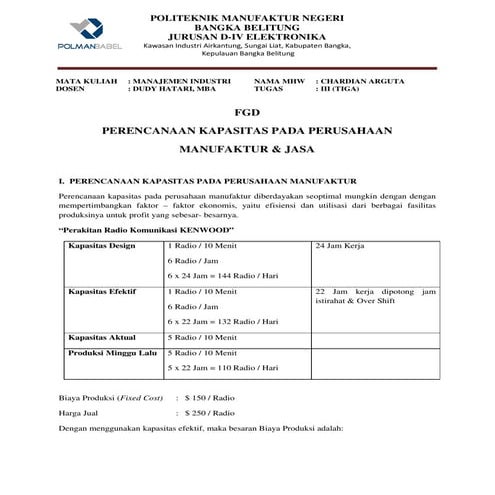 Perencanaan Kapasitas Perusahaan Manufaktur & Jasa