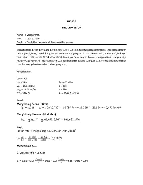 contoh soal menghitung momen ultimate pada balok | PPT