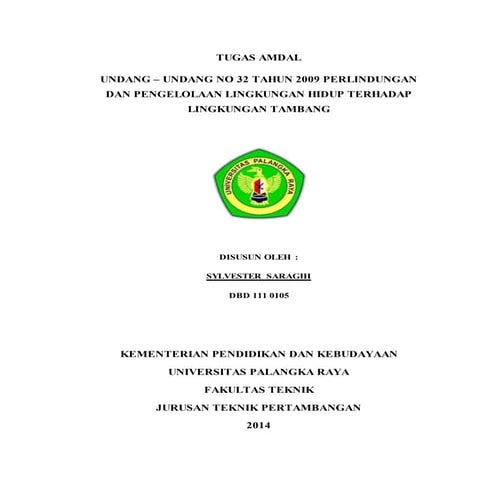 Tugas amdal uu no 32 tahun 2009 pplh terhadap lingkungan tambang