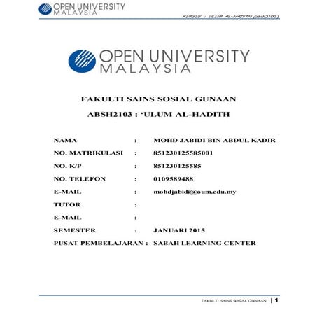 Tugasan ulum al hadith absh 2103 mohd jabidi bin abdul kadir
