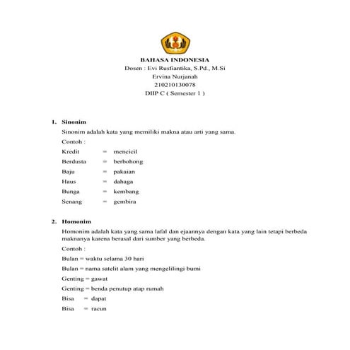 Sinonim, homonim, homofon, homograf dan idiom