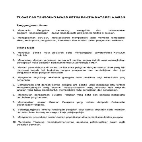 Tugas dan tanggungjawab ketua panitia mata pelajaran