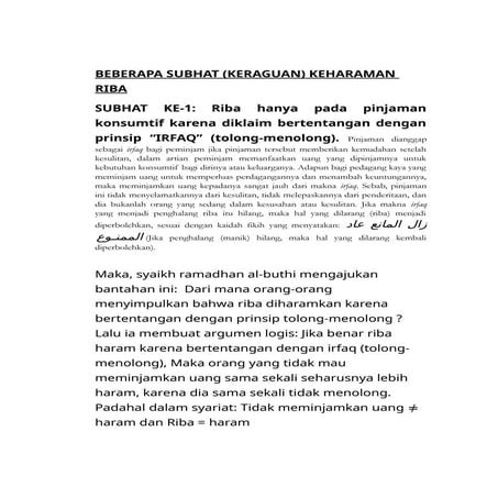 BEBERAPA SUBHAT (KERAGUAN) KEHARAMAN RIBA | DOCX
