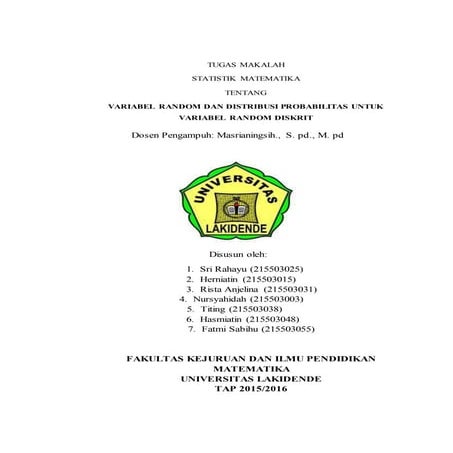 makalah VARIABEL RANDOM DAN DISTRIBUSI PROBABILITAS UNTUK VARIABEL RANDOM DIS...