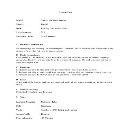 Tugas lesson plan reading narative teks