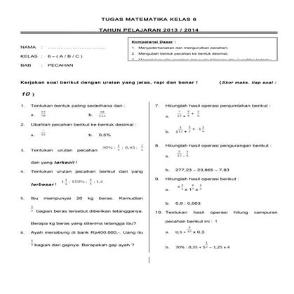 Tugas matematika kelas 6   pecahan