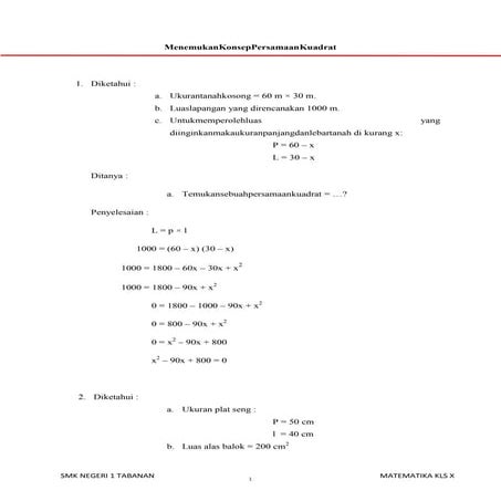 Tugas matematika menemukan konsep persamaan kuadrat