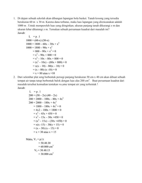 Soal Cerita Persamaan Linear Dan Kuadrat