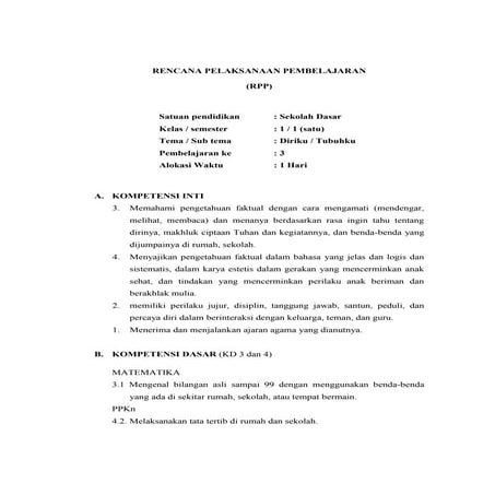 RPP kurikulum 2013 Kelas 1, Tema 1  Sub tema 2  Pembelajaran 3