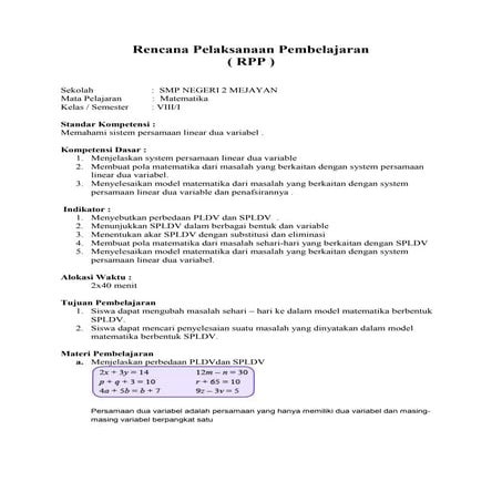 RPP - Menyelesaikan SPLDV | DOCX
