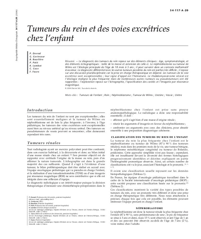Tumeurs Du Rein Et Des Voies Excretrices Chez L Enfant