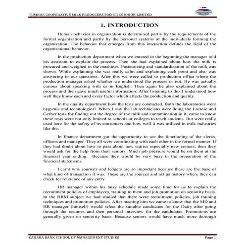 An Organisational study at TUMUL, Tumkur, Karnataka