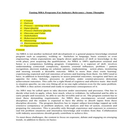 Tuning mba programs for improved current and emerging industry relevance