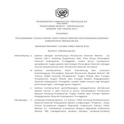 Tupoksi BKD Kab. Trenggalek - Perbup Trenggalek No. 108 Tahun 2011