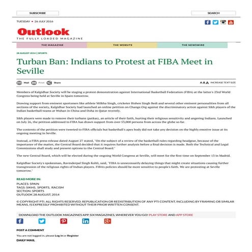 Turban ban  indians to protest at fiba meet in seville