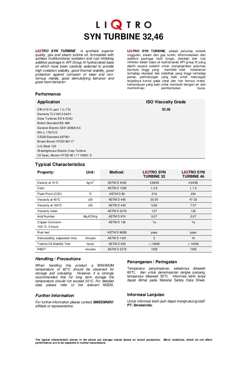 Turbine Syn ISO VG 32 dan 46 (Product Data Sheet)