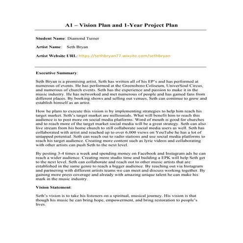 Artist Management - Artist Analysis & 1-Year Goal Planning | DOCX