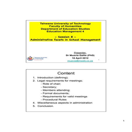 TUT EDU420 Session 8 - Administrative facets in School Management