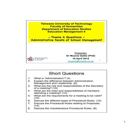 TUT EDU420 - Theme 6 Questions - Administrative facets of School Management