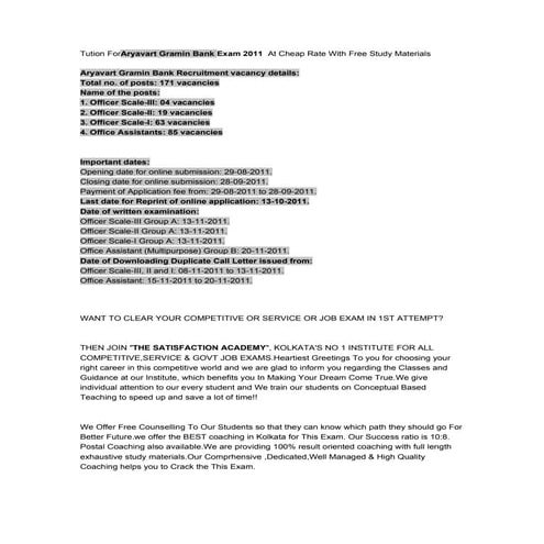 Tution for aryavart gramin bank exam 2011 at cheap rate with free study